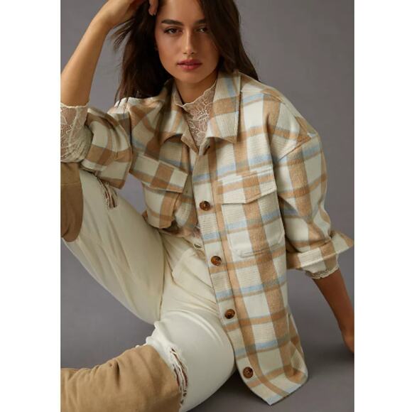 Avec Les Filles Neutral Plaid Shacket Oversized Shirt Jacket Button Front, Large - Picture 1 of 8